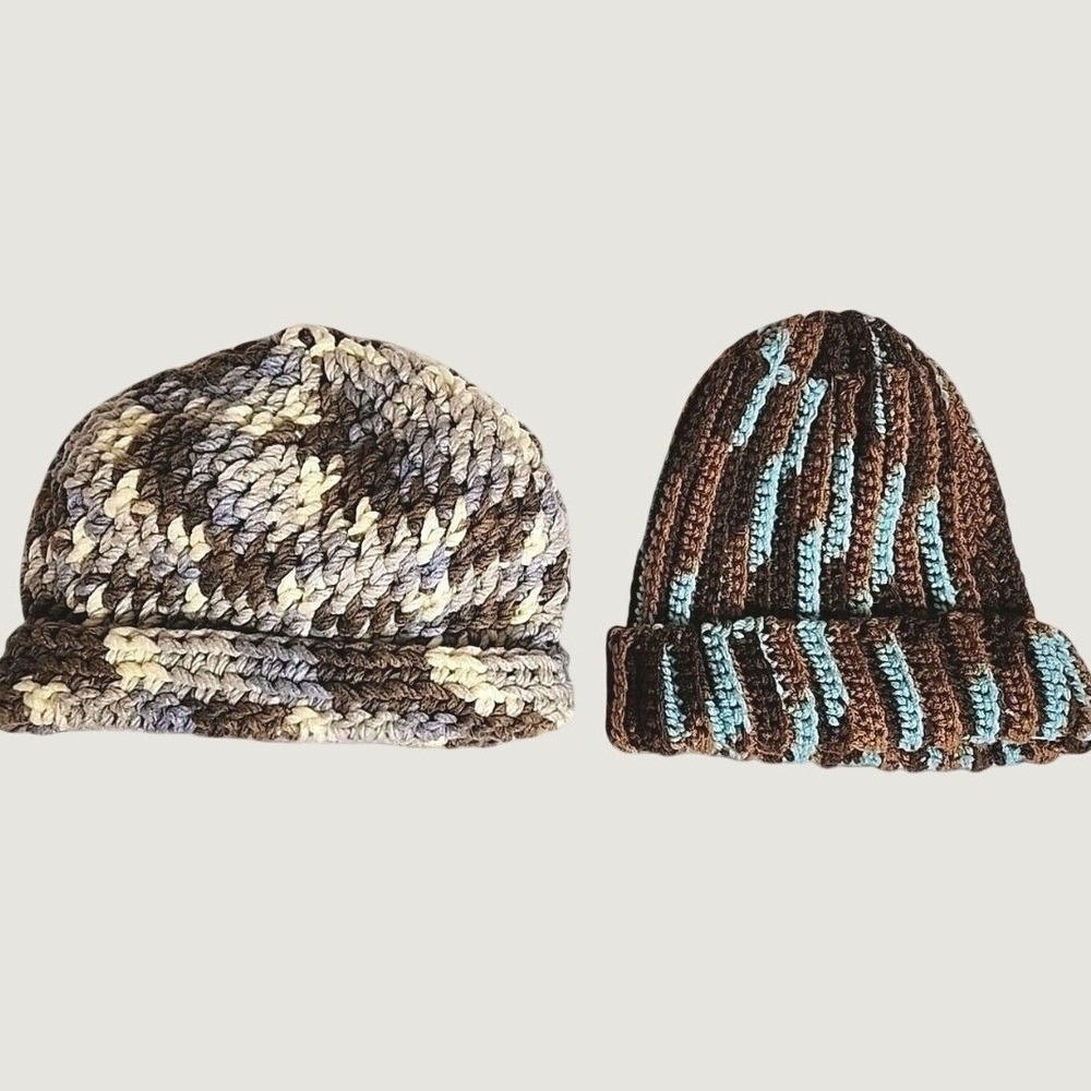NWOT 2 Hand-Knit Beanies Warm Colors Cotton-Wool Acrylic Blends Cottagecore Cozy